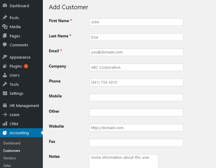 Add customer wordpress accounting system