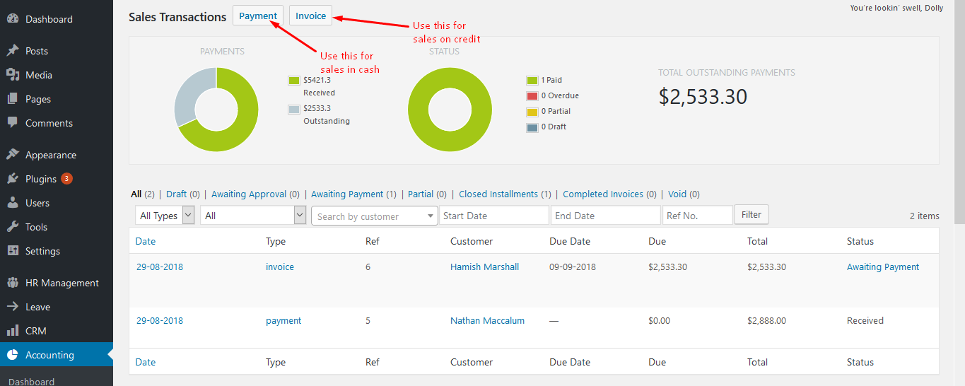 sales transaction wordpress accounting system