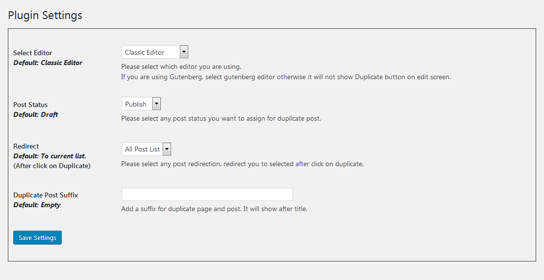 plugin settings