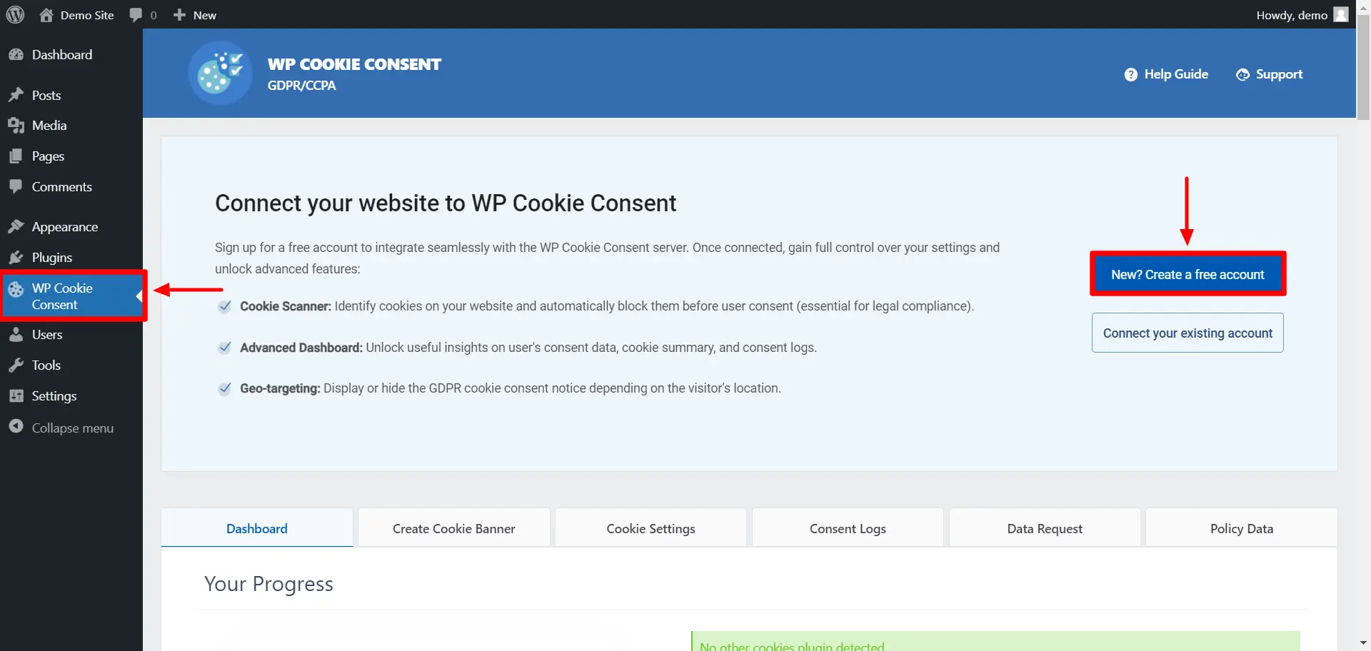 Creating new account on WP Cookie consent.