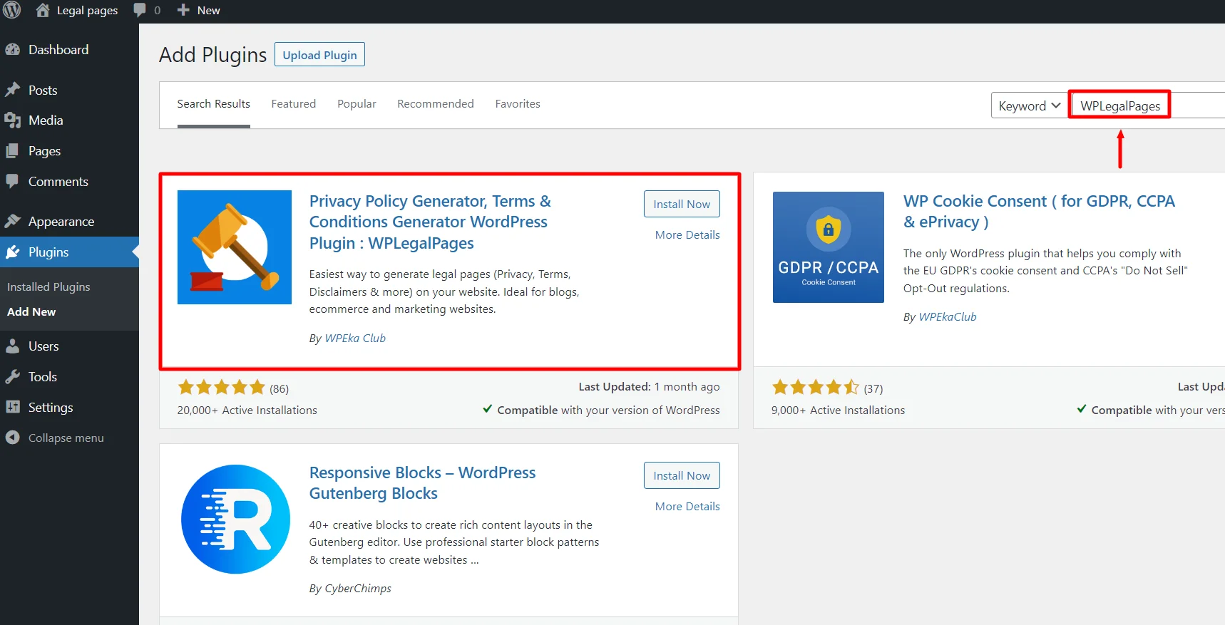 Search WP Legal Pages Plugin in the search bar.
