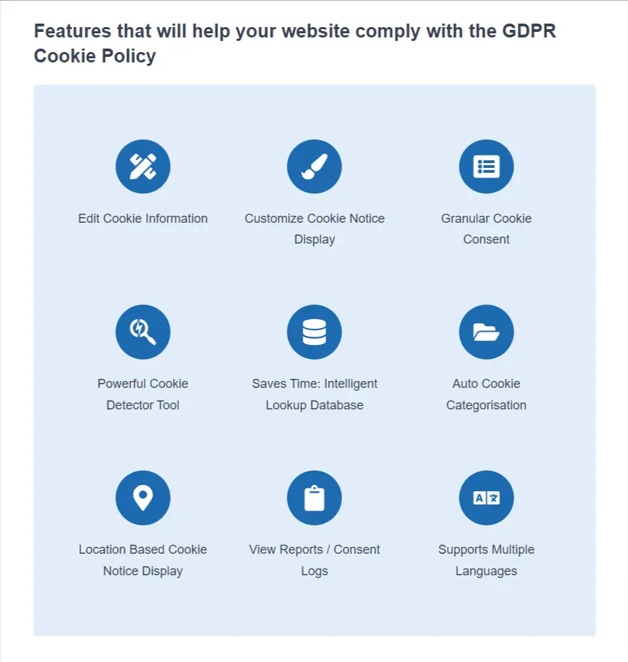 Features of GDPR Cookie policy 