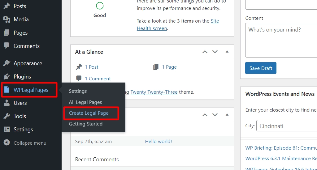 Go to create legal page