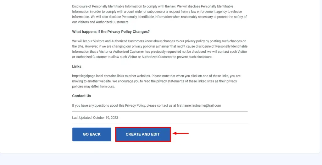 clicking on create and edit to edit the privacy policy