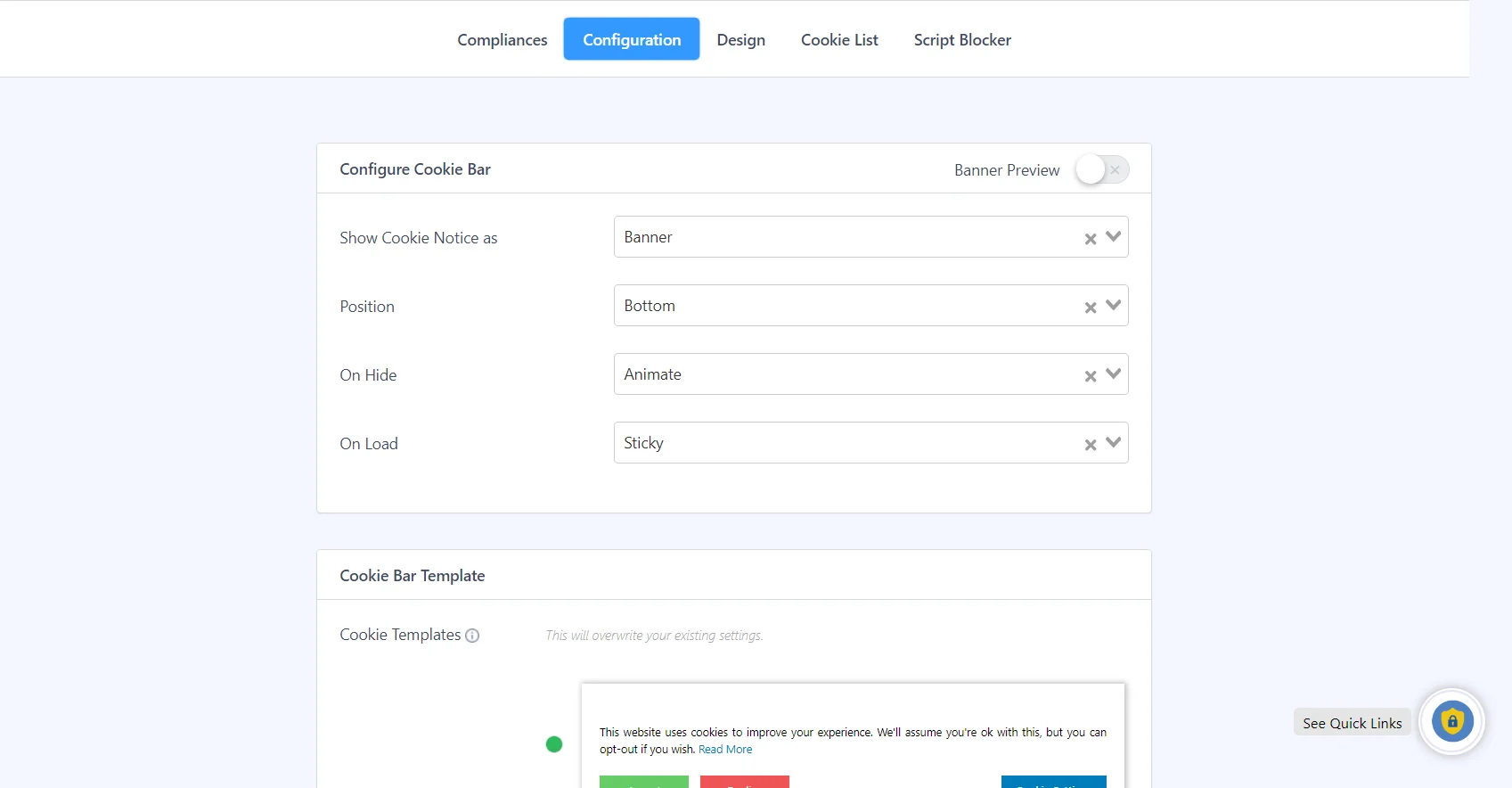 Configuration tab of WP Cookie consent