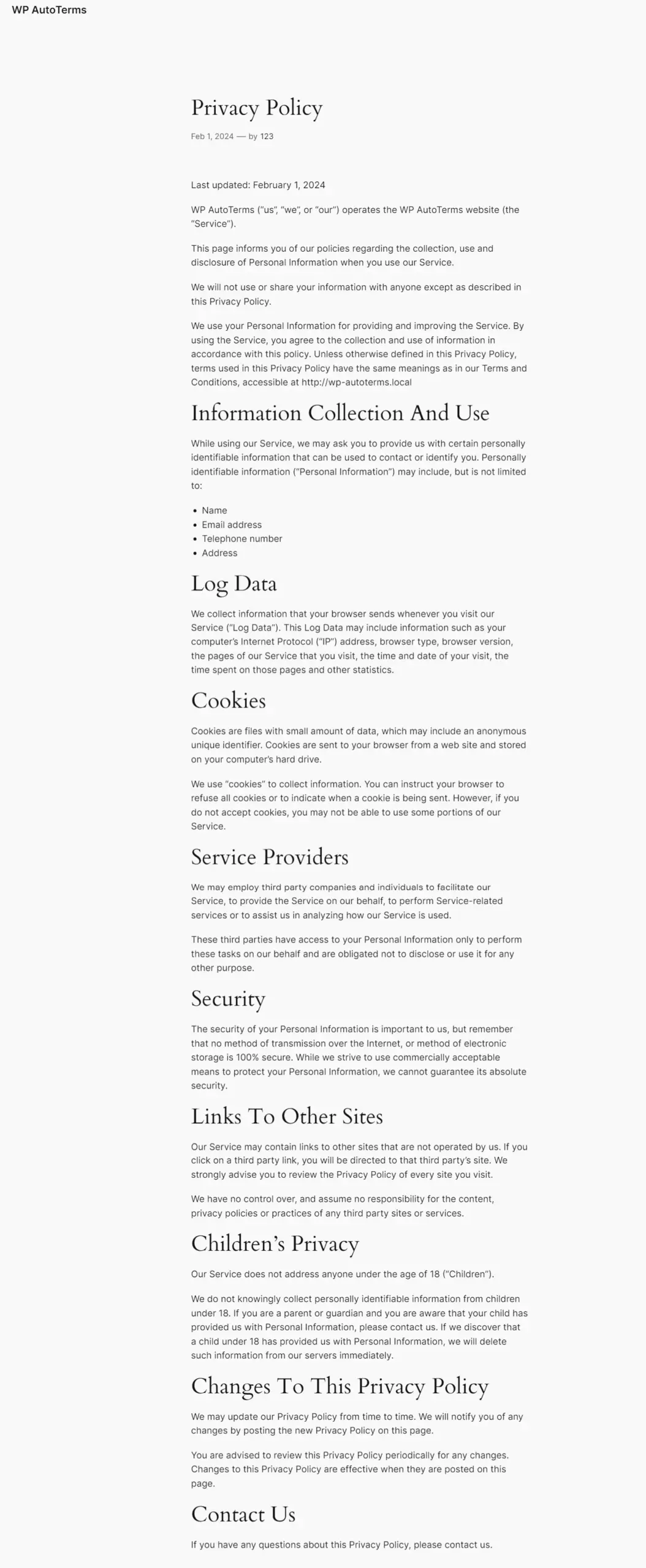 Privacy Policy Page Example of WP AutoTerms