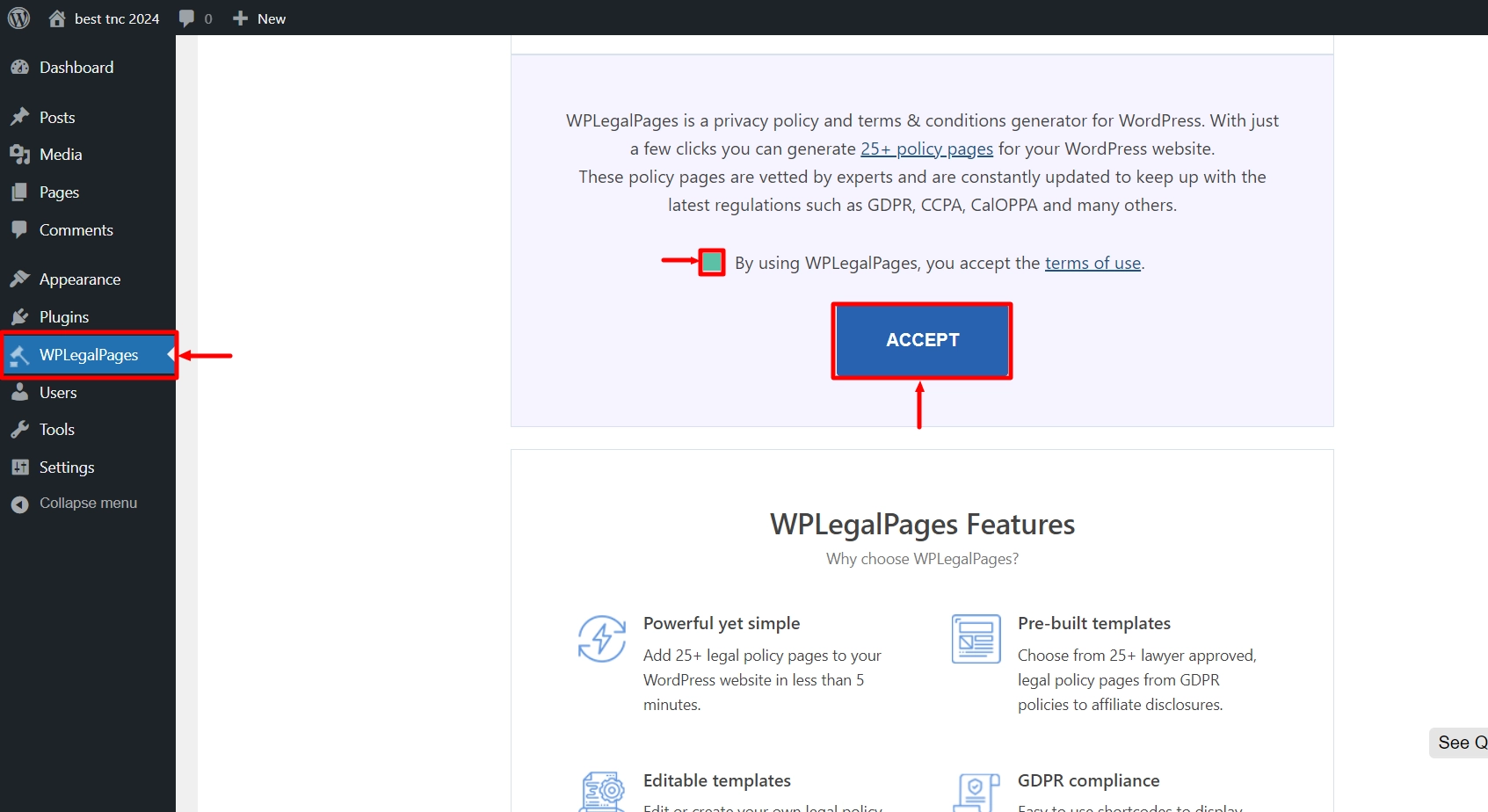 Accepting WPLegalPages terms of use.
