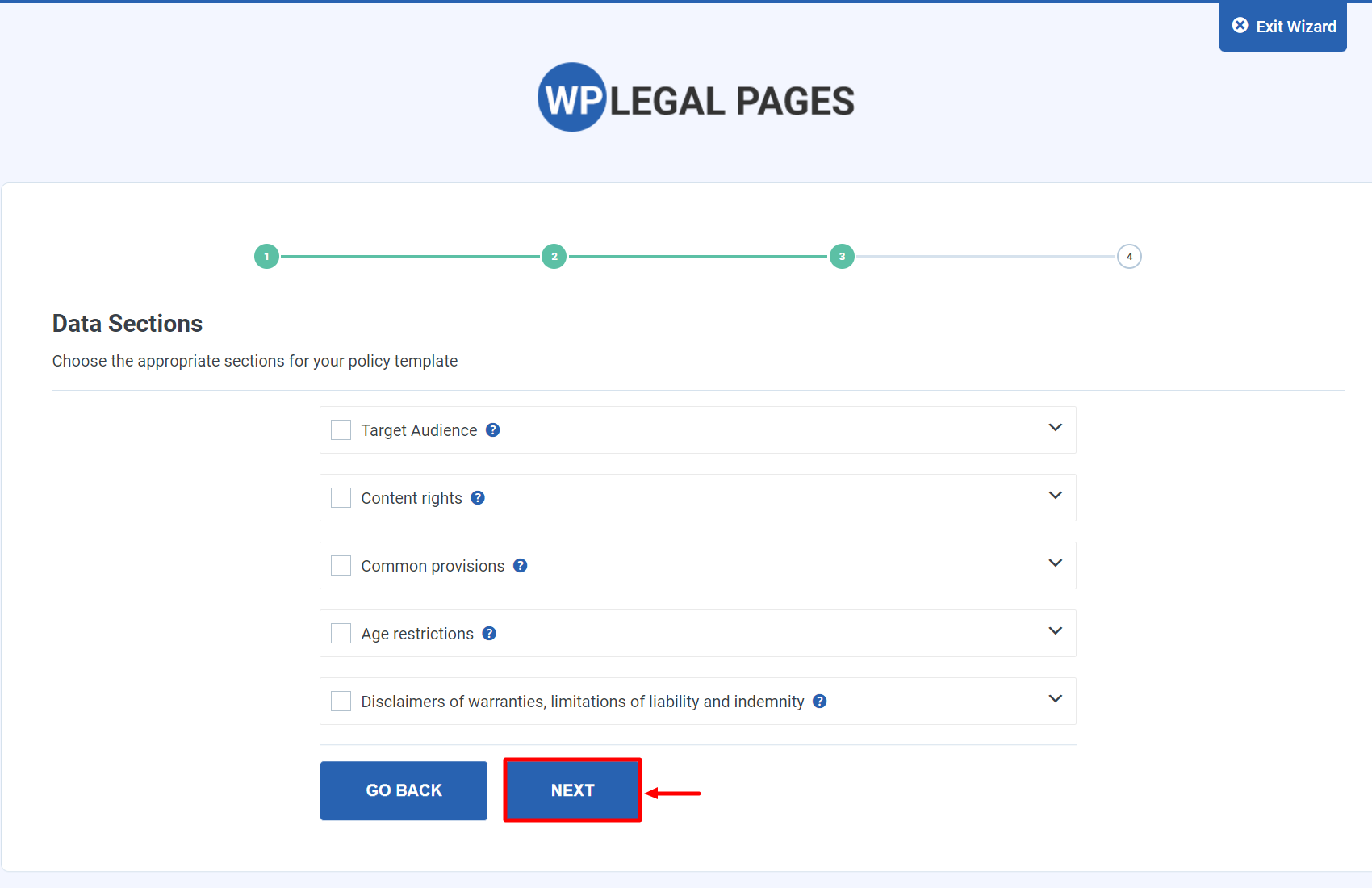 Choosing appropriate sections for the policy templates.