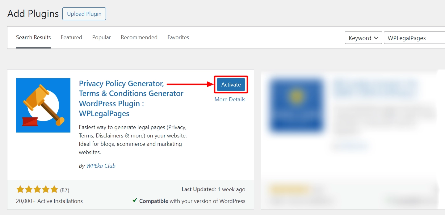 Activate WP Legal Pages Plugin
