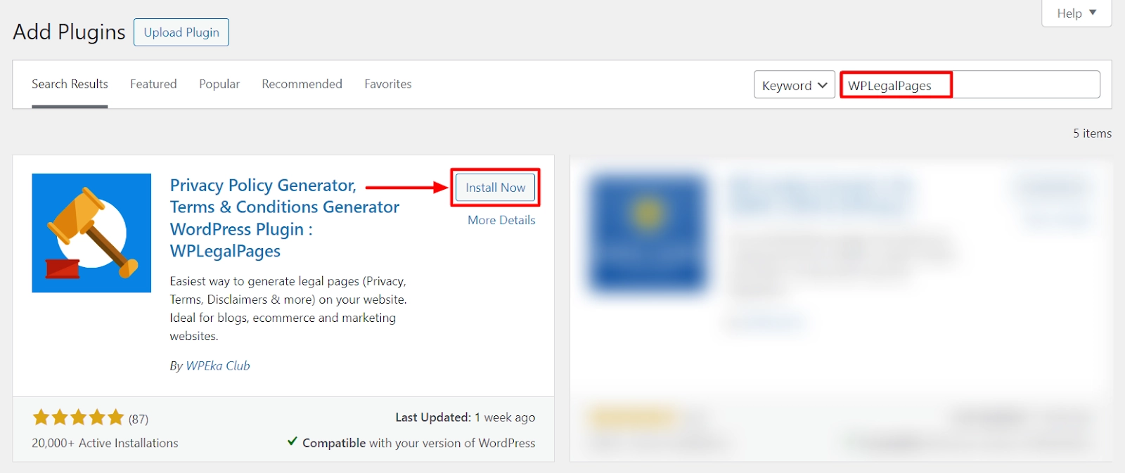 Search and Install WP Legal Pages plugin