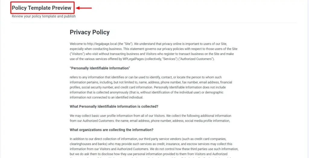 Previewing privacy policy