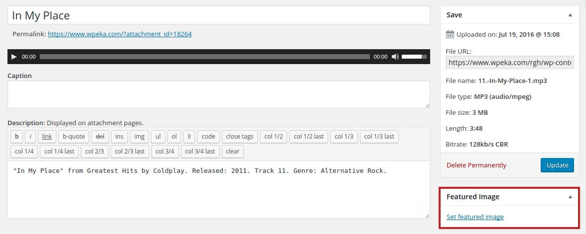 Audio File in WordPress - Change Featured Image