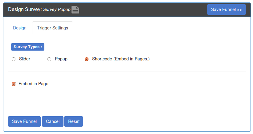 SurveyFunnel - Add Funnel - Trigger Settings tab - Shortcode