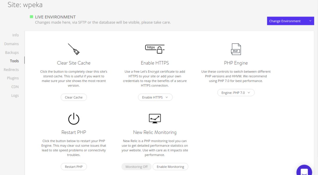 Kinsta Tools tab