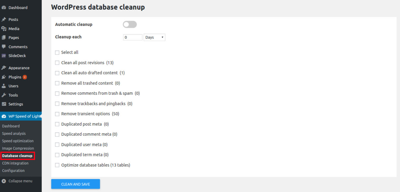 WP Speed of light database cleanup
