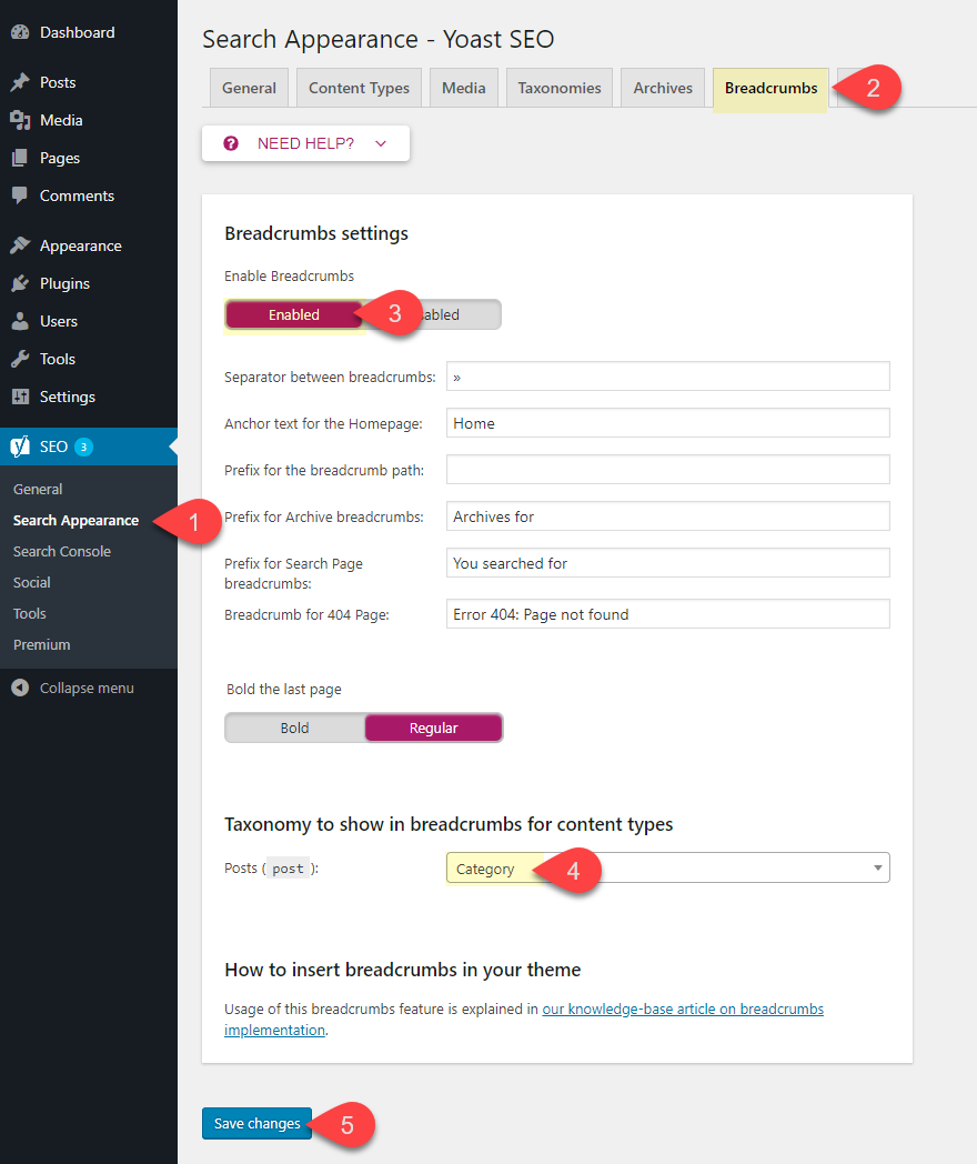 Enabling breadcrumbs using plugin For WordPress