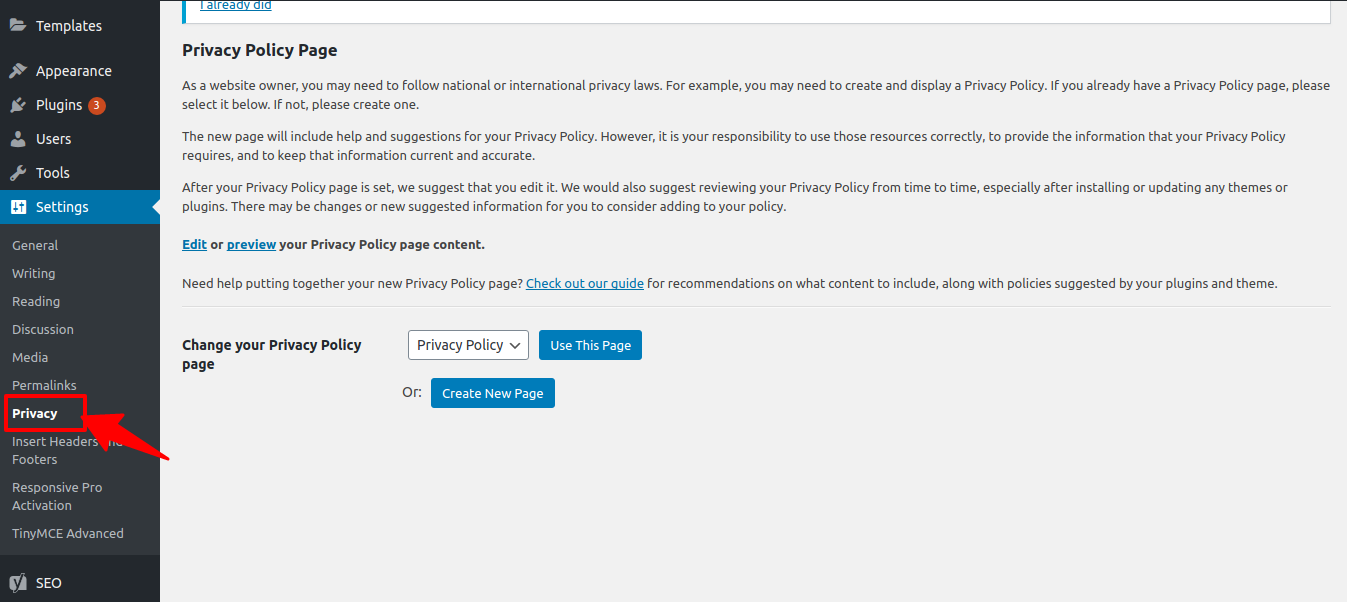 Clicking on Privacy button