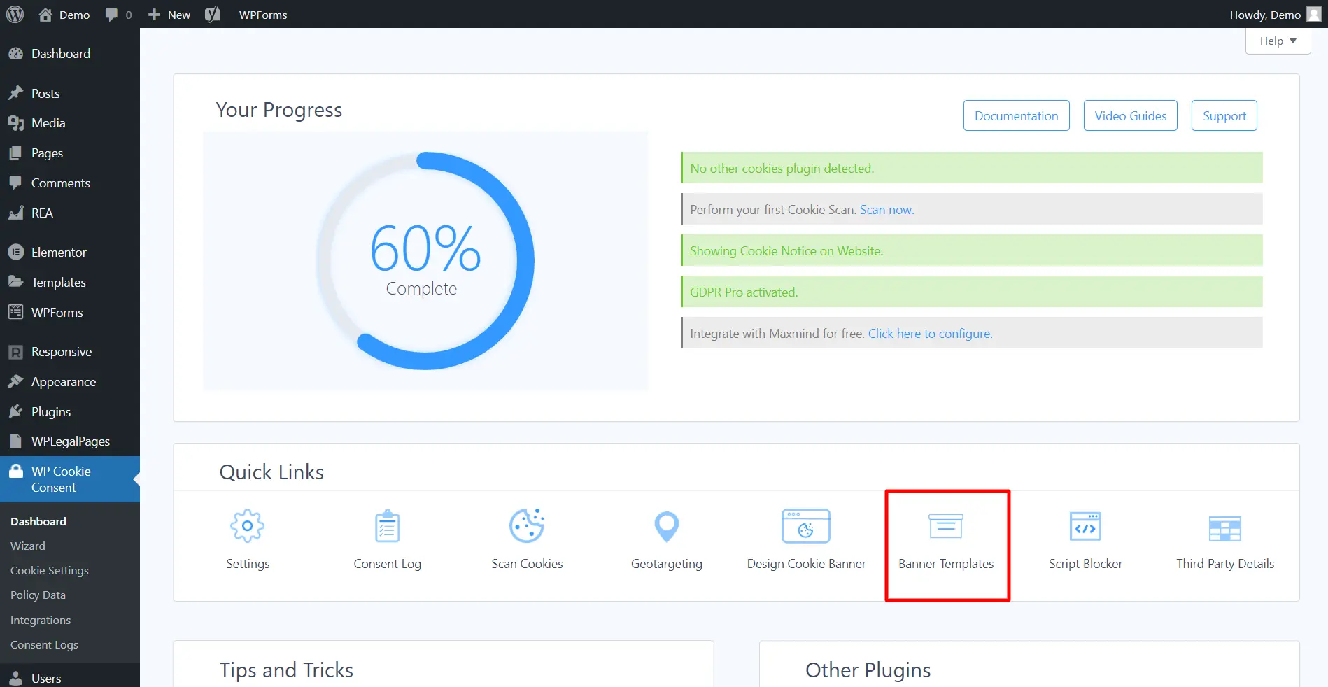 Selecting banner template from the plugin dashboard