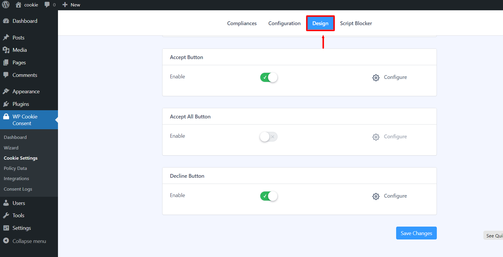 Design tab> button setting 