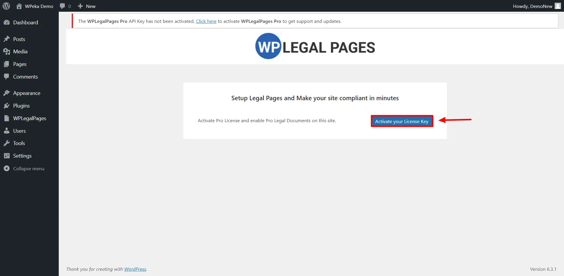 WP Legal Pages> Activate license