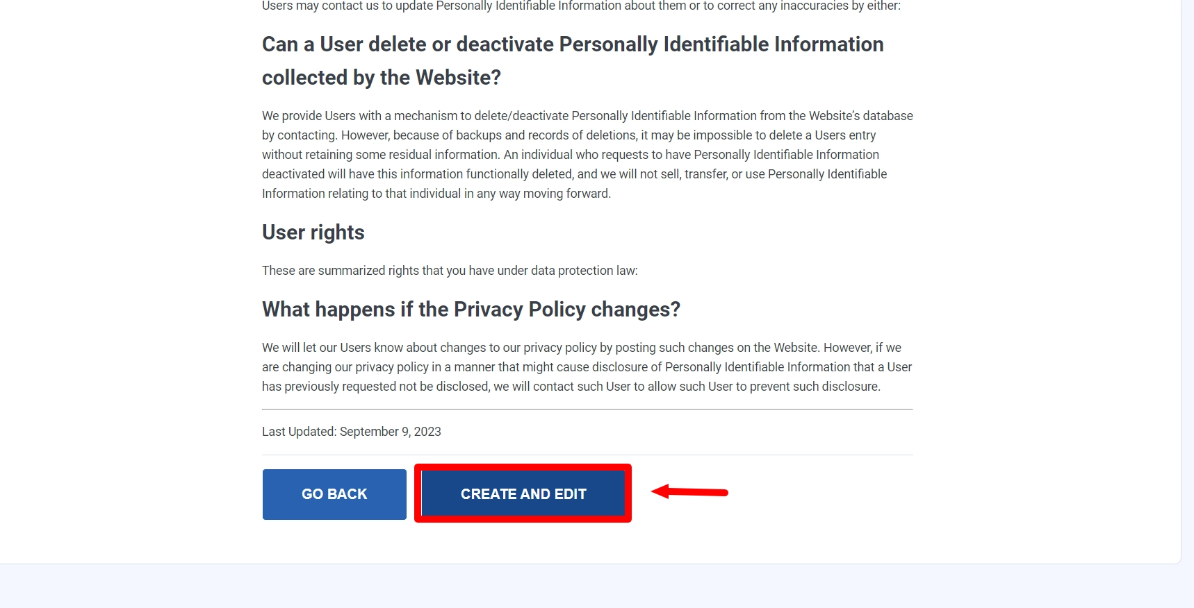 Final step for creating the legal page
