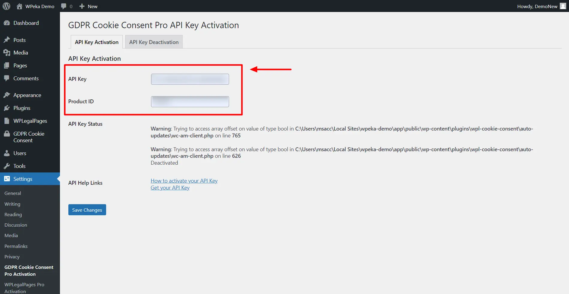 Enter your purchased API Key and Product ID