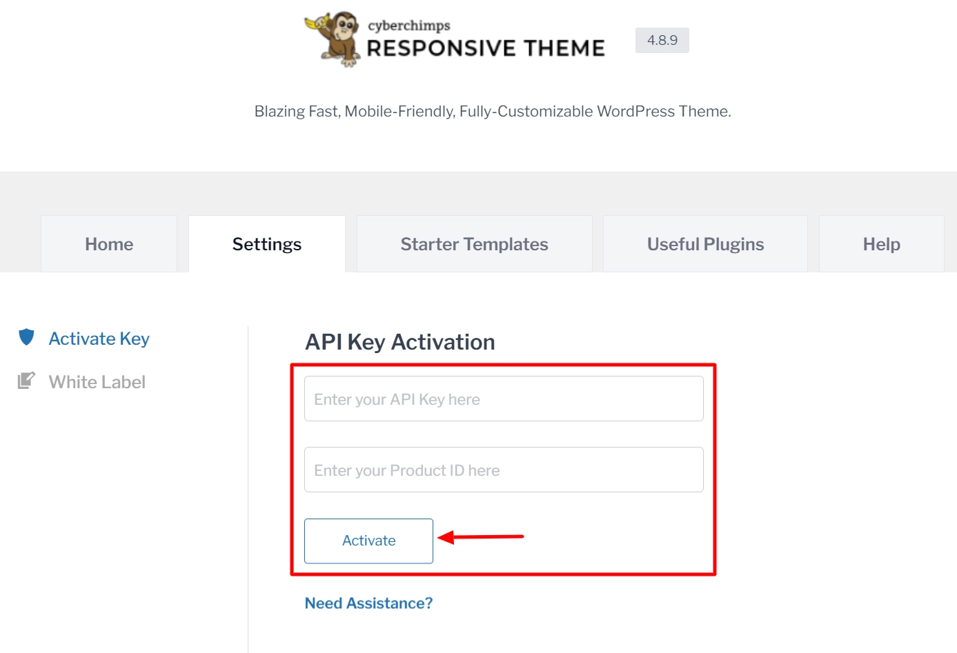 Enter API key and Product ID