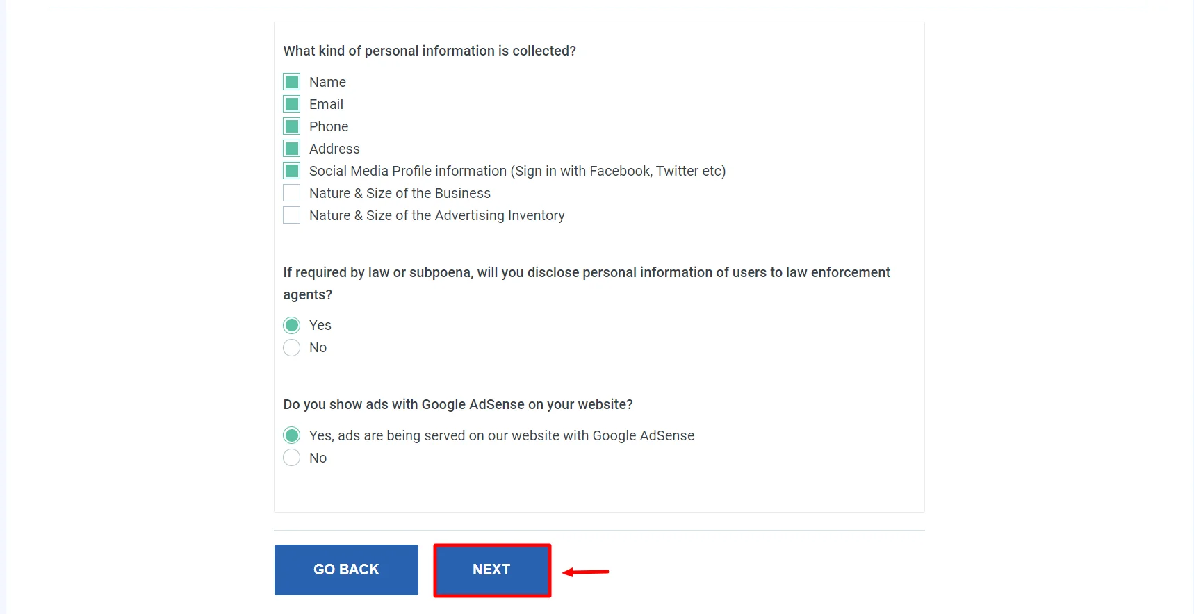 Selcting Information for privacy policy
