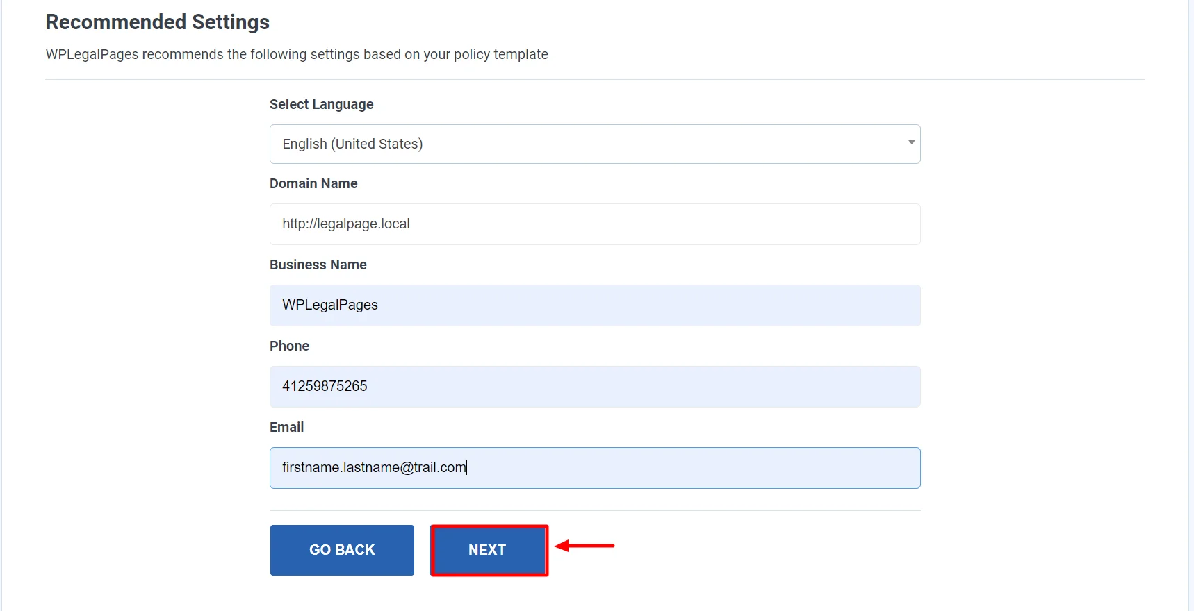 Filling the details for privacy policy