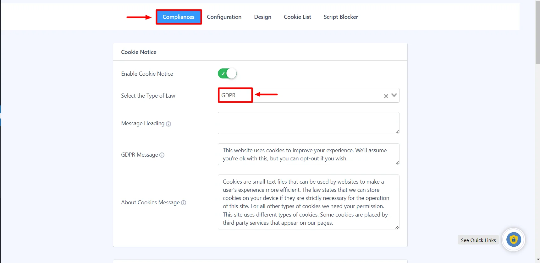 Compliances tab in WP Cookie Consent menu