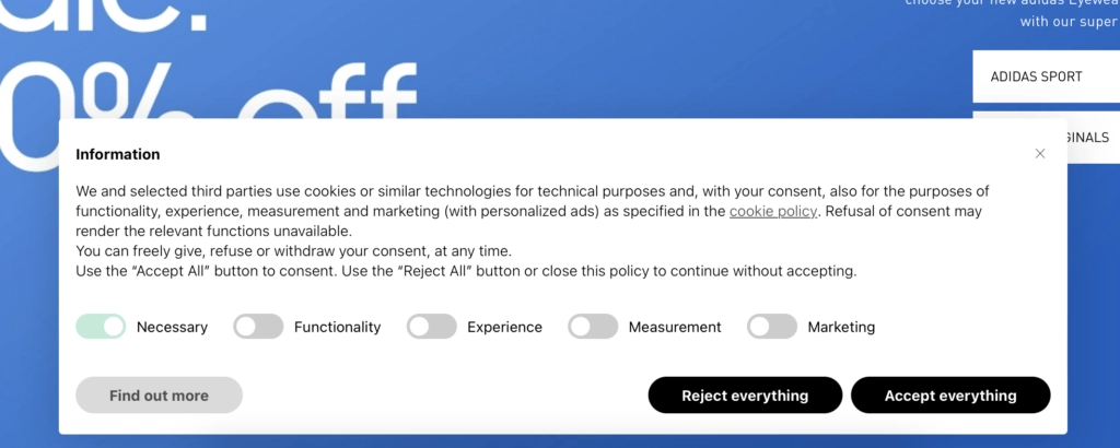 Adidas cookie consent banner