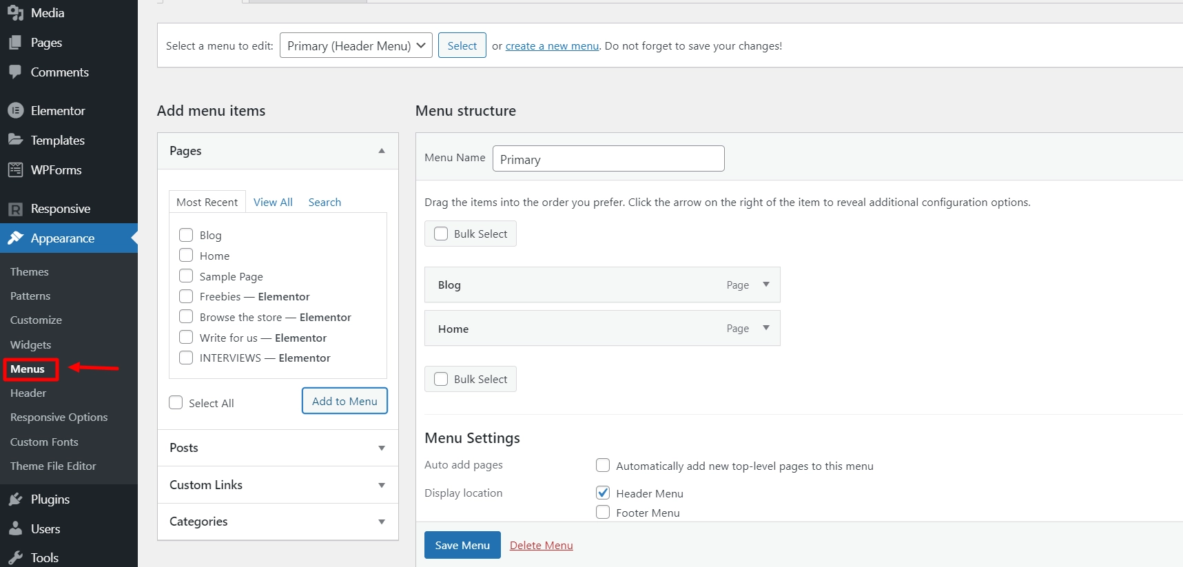 Adding a home and blog page to menu