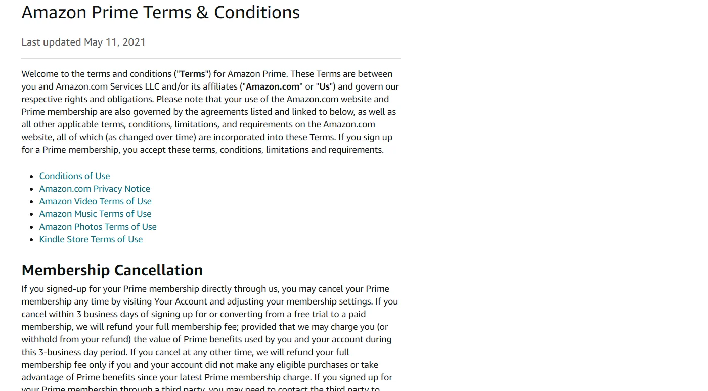 Terms and conditions of Amazon Prime