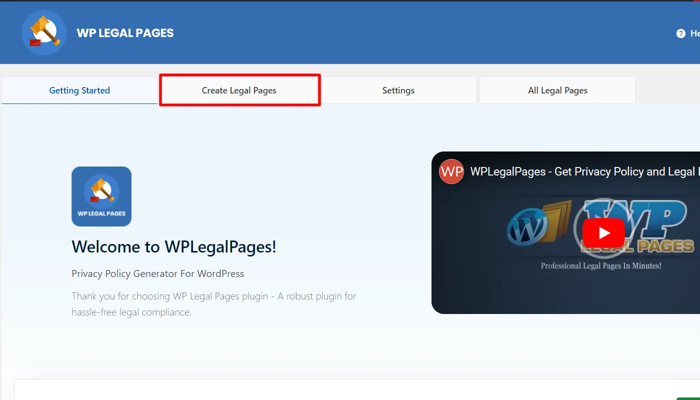 Clicking create legal pages